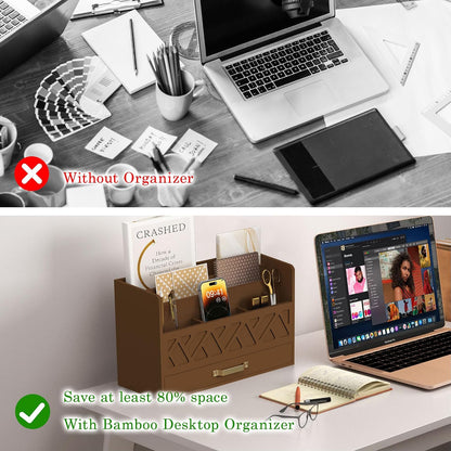 Bamboo Mail Organizer Countertop Pen Holder Wooden Desktop Storage Drawers