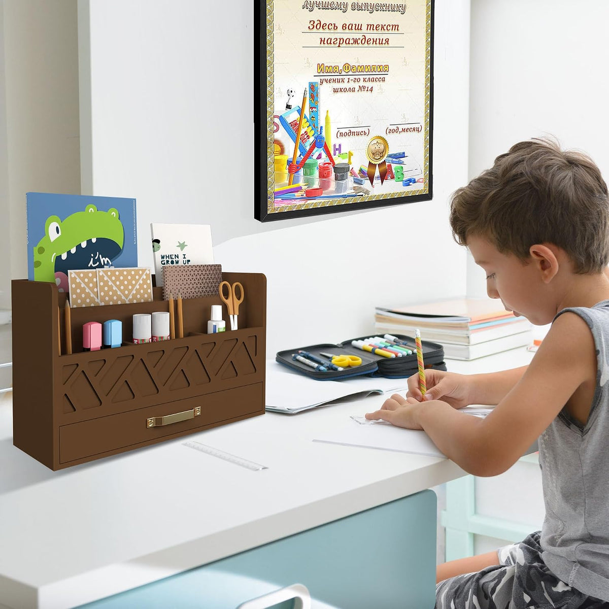 Bamboo Mail Organizer Countertop Pen Holder Wooden Desktop Storage Drawers