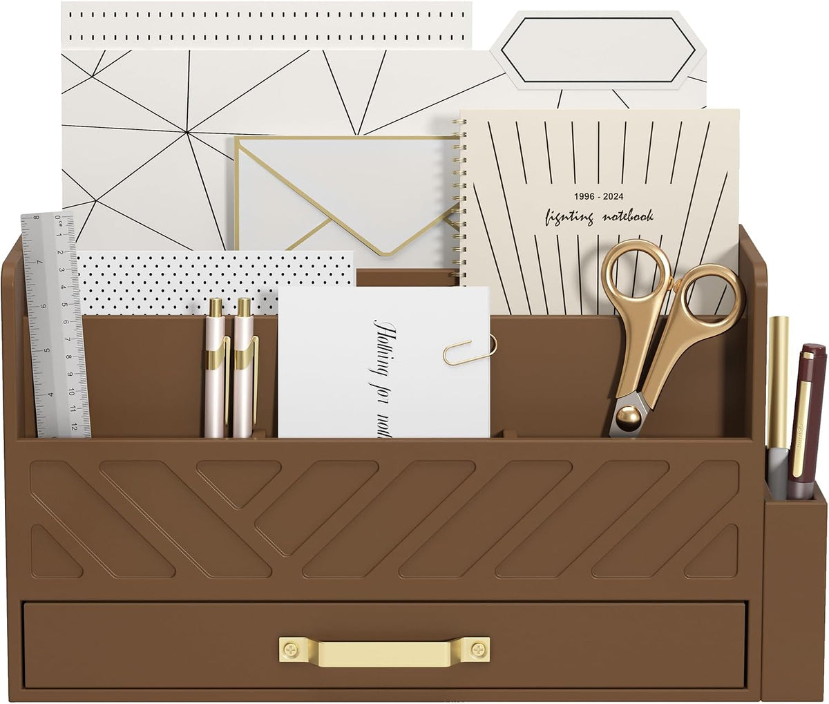 Bamboo Mail Organizer Countertop Pen Holder Wooden Desktop Storage Drawers