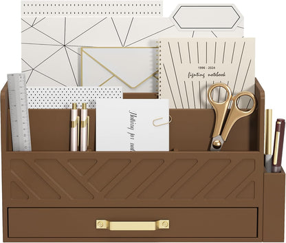 Bamboo Mail Organizer Countertop Pen Holder Wooden Desktop Storage Drawers