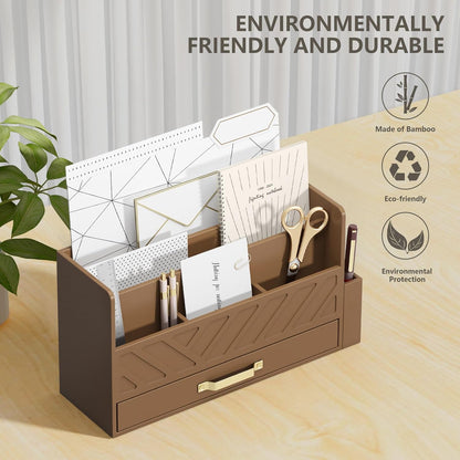 Bamboo Mail Organizer Countertop Pen Holder Wooden Desktop Storage Drawers