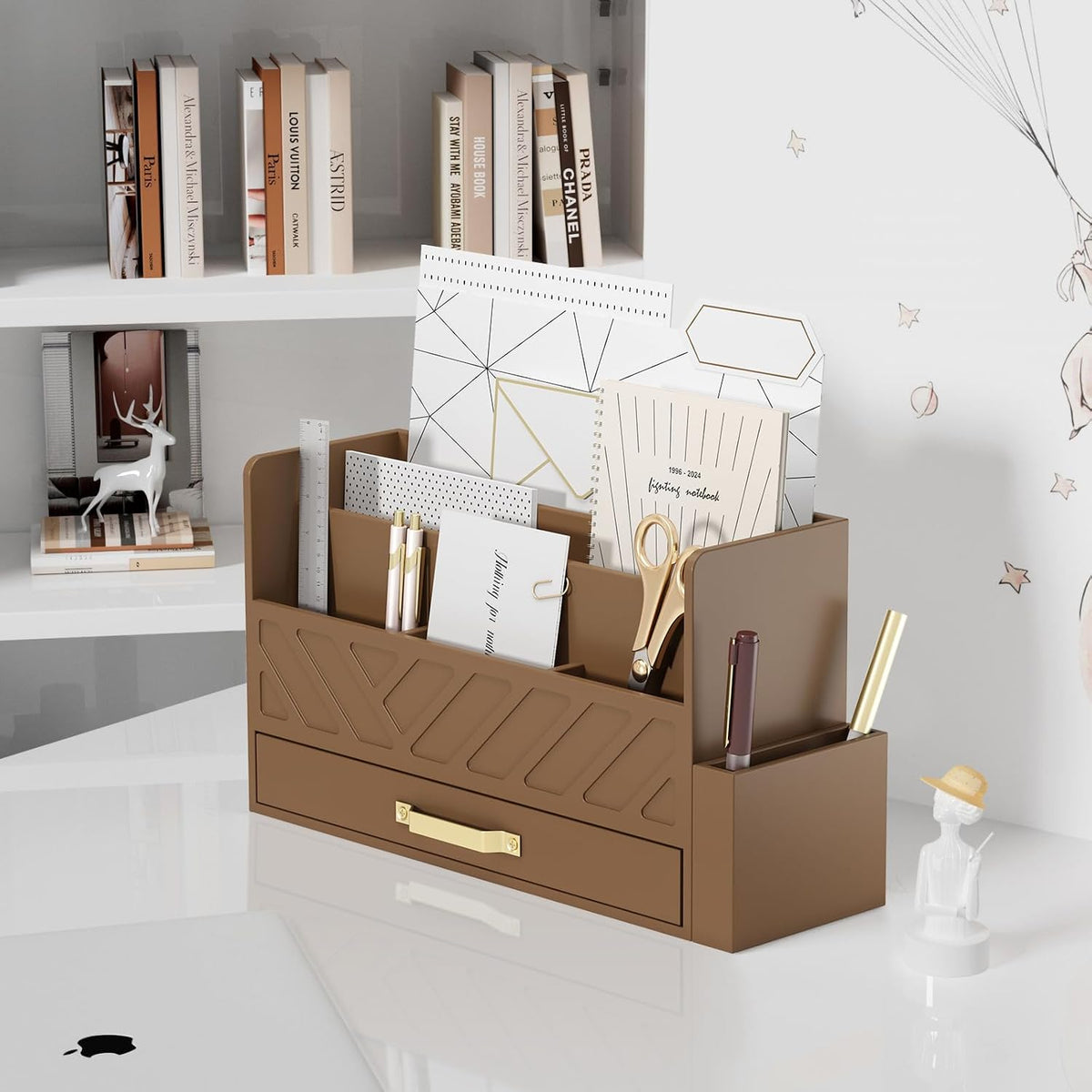 Bamboo Mail Organizer Countertop Pen Holder Wooden Desktop Storage Drawers