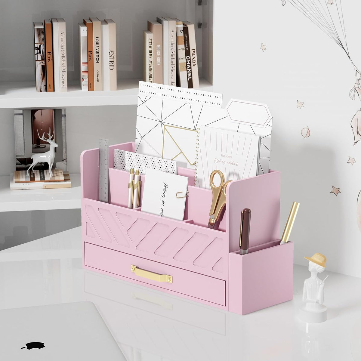 Bamboo Mail Organizer Countertop Pen Holder Wooden Desktop Storage Drawers