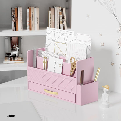 Bamboo Mail Organizer Countertop Pen Holder Wooden Desktop Storage Drawers