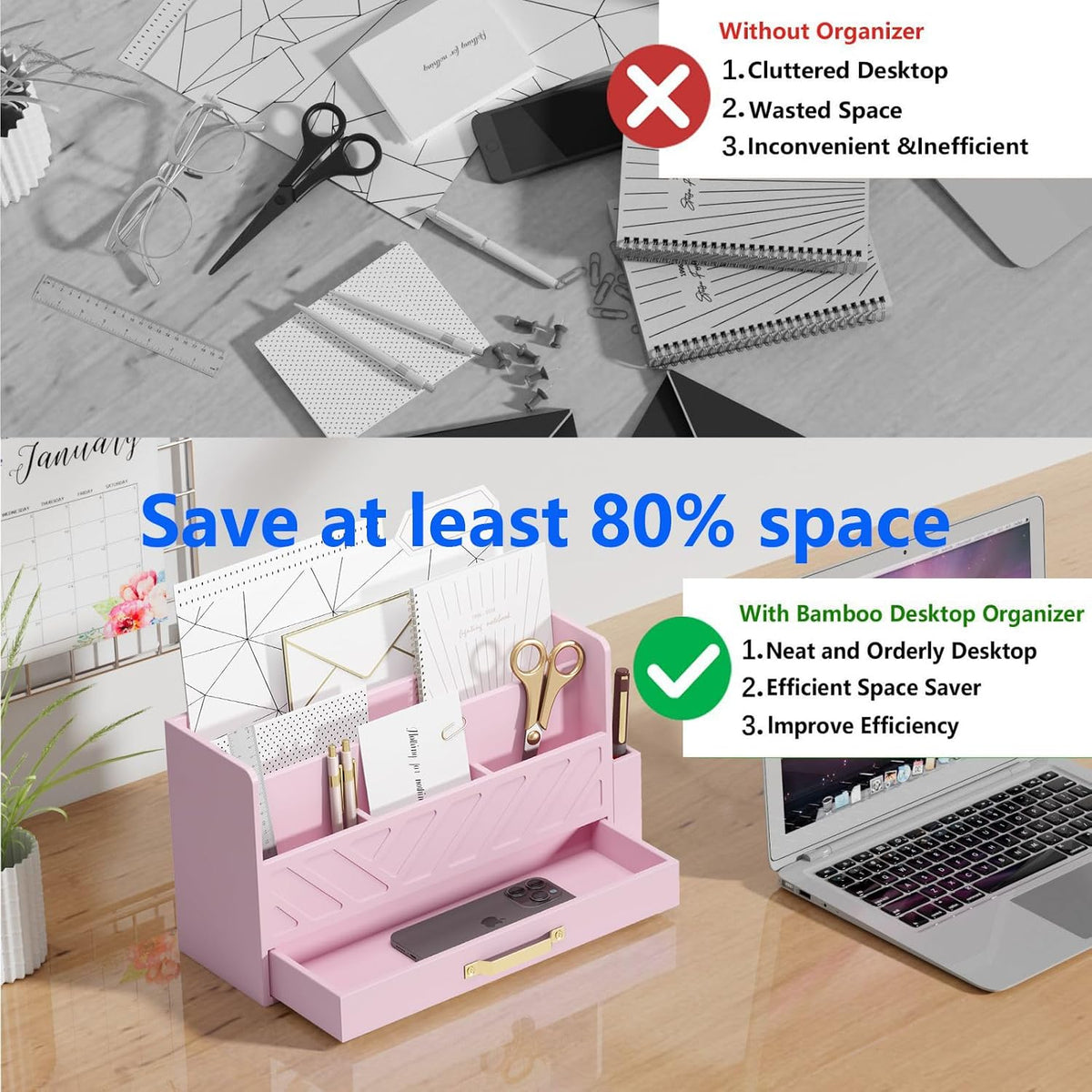Bamboo Mail Organizer Countertop Pen Holder Wooden Desktop Storage Drawers