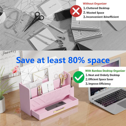 Bamboo Mail Organizer Countertop Pen Holder Wooden Desktop Storage Drawers