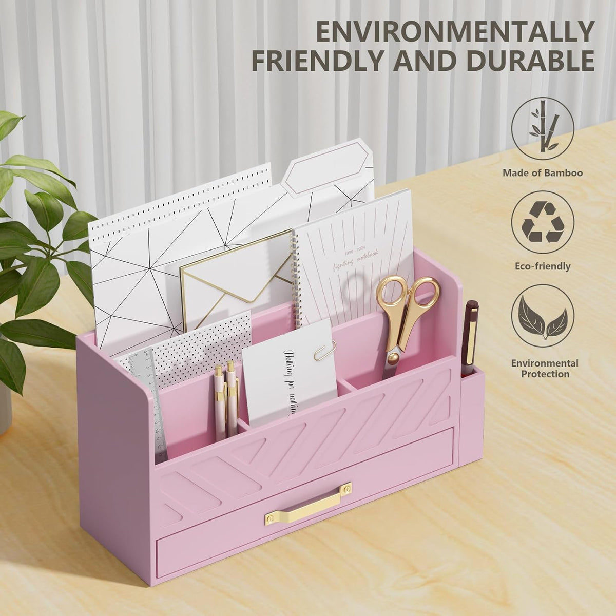 Bamboo Mail Organizer Countertop Pen Holder Wooden Desktop Storage Drawers