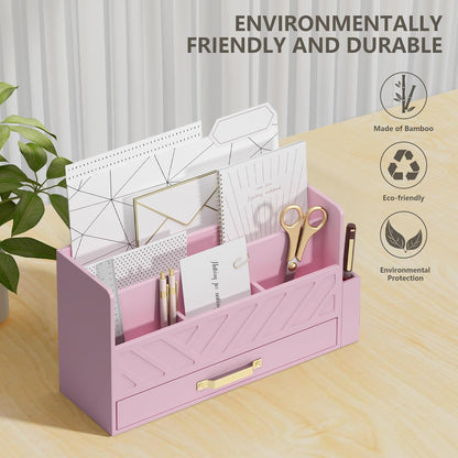 Bamboo Mail Organizer Countertop Pen Holder Wooden Desktop Storage Drawers