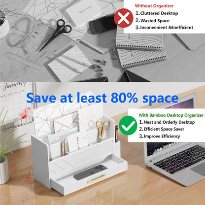 Bamboo Mail Organizer Countertop Pen Holder Wooden Desktop Storage Drawers