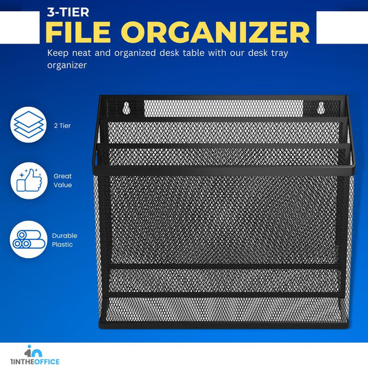 3 Tiers File Folder Organizer, Desk Sorter, Black Mesh