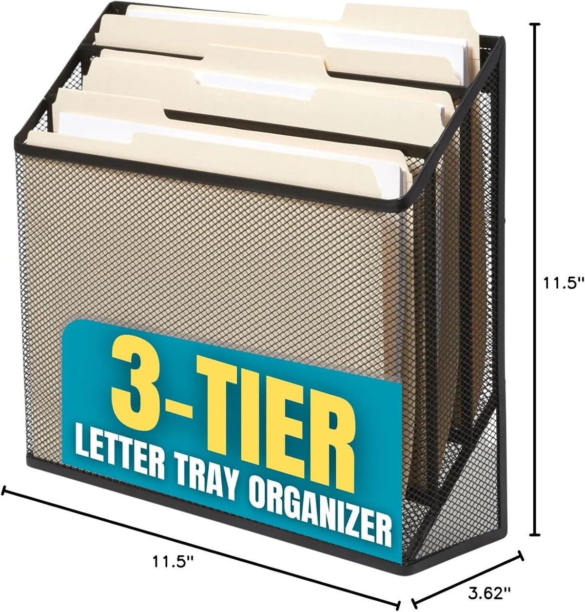 3 Tiers File Folder Organizer, Desk Sorter, Black Mesh