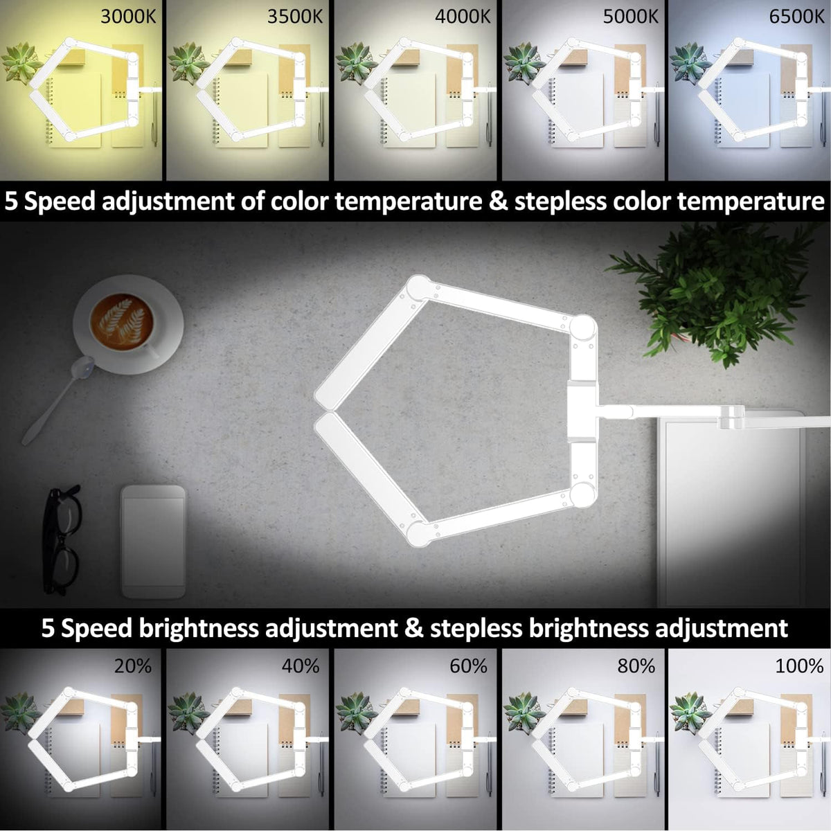 LED Desk Lamp with Clamp, 41.5" Clamp on Architect Desk Lamp for Home Office, 24W Bright Tall Computer LED Table Light Adjustable Overhead Clip on Office Lighting for Work Craft