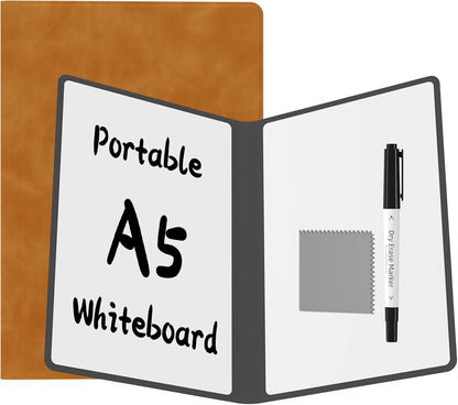 Portable Dry Erase Board,Reusable Whiteboard Notebook, Double-Sided White Board PU Cover 9.5"x6.6" with Marker,Wipe Cloth (Orange)