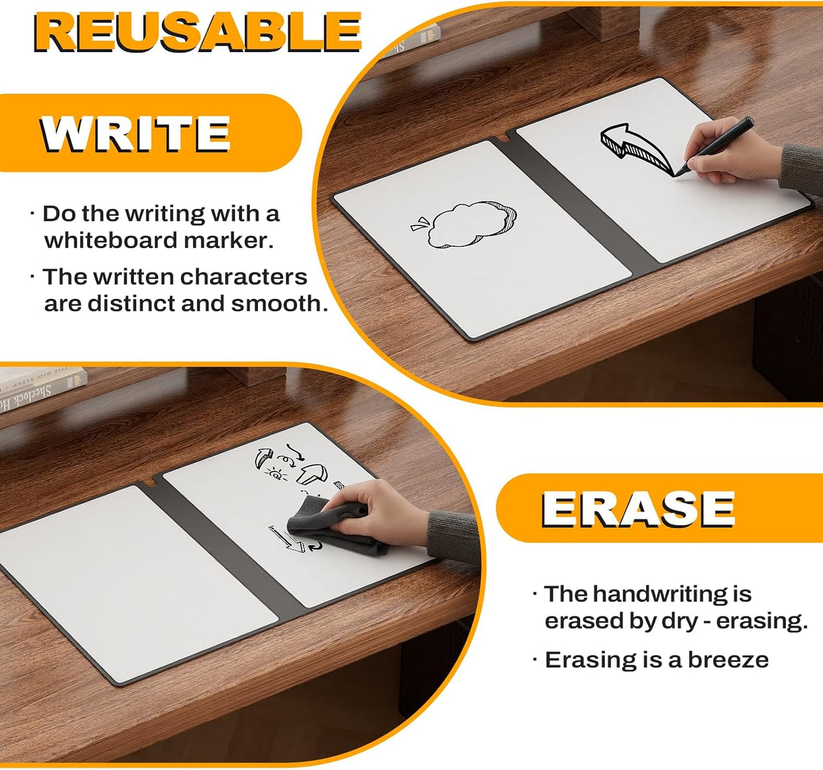 Portable Dry Erase Board,Reusable Whiteboard Notebook, Double-Sided White Board PU Cover 9.5"x6.6" with Marker,Wipe Cloth (Orange)