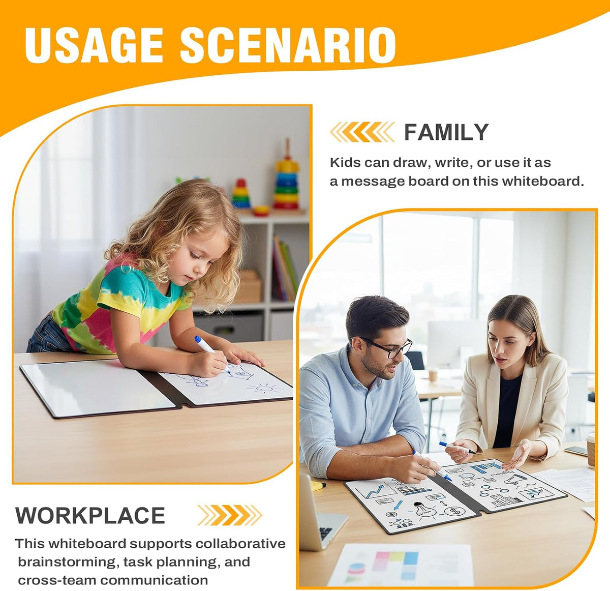 Portable Dry Erase Board,Reusable Whiteboard Notebook, Double-Sided White Board PU Cover 9.5"x6.6" with Marker,Wipe Cloth (Orange)
