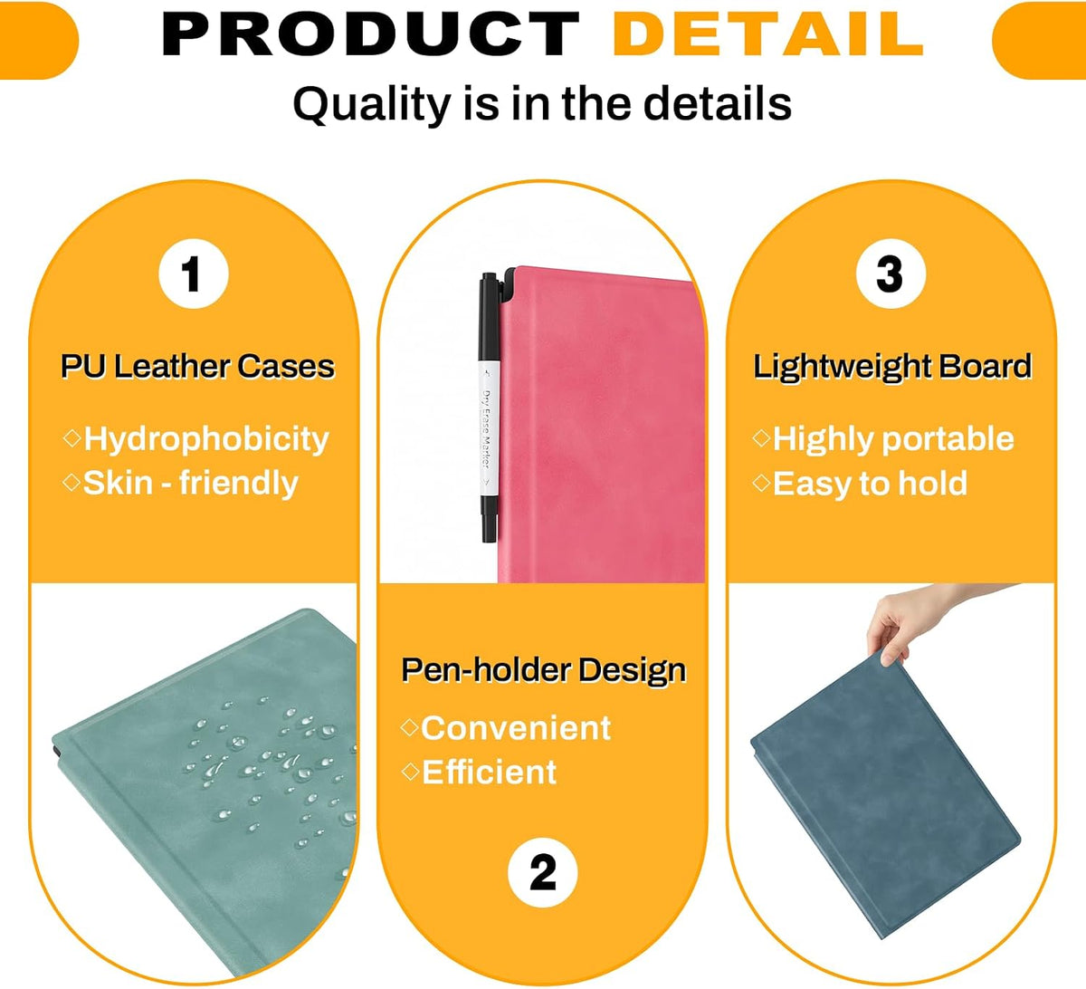 Portable Dry Erase Board,Reusable Whiteboard Notebook, Double-Sided White Board PU Cover 9.5"x6.6" with Marker,Wipe Cloth (Orange)