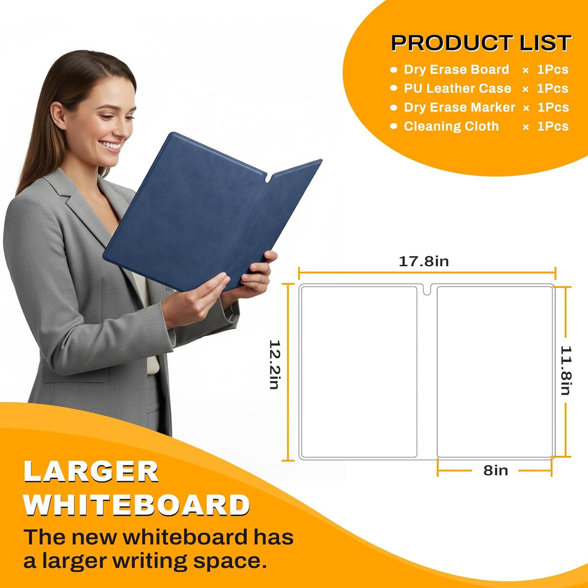 Portable Dry Erase Board,Reusable Whiteboard Notebook, Double-Sided White Board PU Cover 9.5"x6.6" with Marker,Wipe Cloth (Orange)
