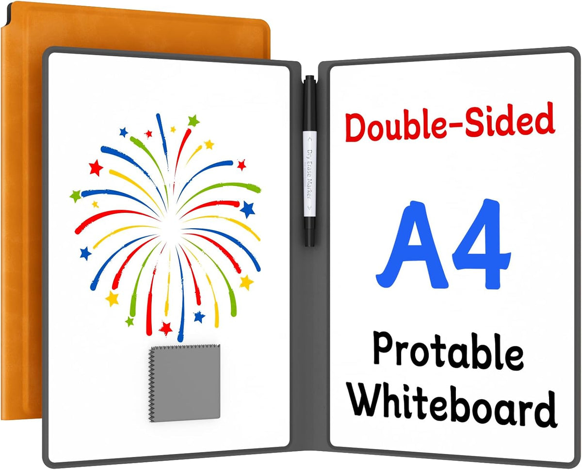 Portable Dry Erase Board,Reusable Whiteboard Notebook, Double-Sided White Board PU Cover 9.5"x6.6" with Marker,Wipe Cloth (Orange)