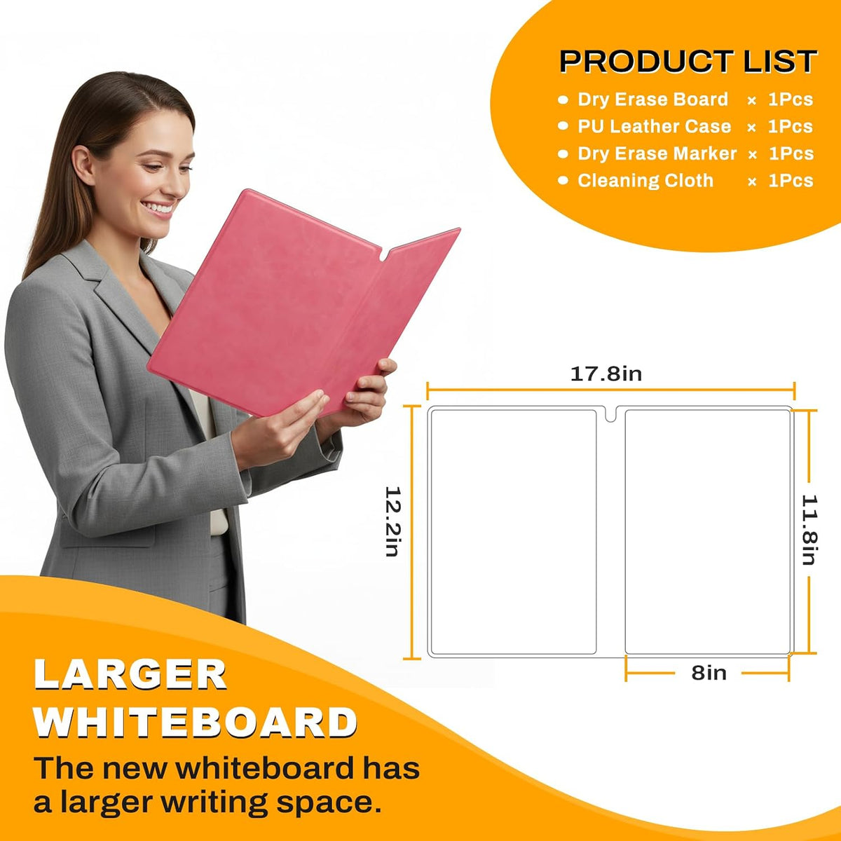 Portable Dry Erase Board,Reusable Whiteboard Notebook, Double-Sided White Board PU Cover 9.5"x6.6" with Marker,Wipe Cloth (Orange)