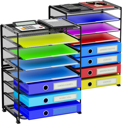 2 Pack 8 Tier Letter Tray Paper - Mesh Desk File Organizer for Office School Desktop, Black