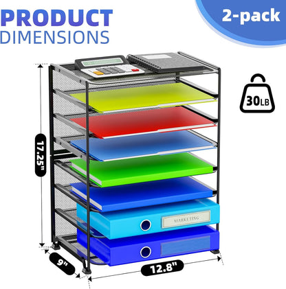 2 Pack 8 Tier Letter Tray Paper - Mesh Desk File Organizer for Office School Desktop, Black