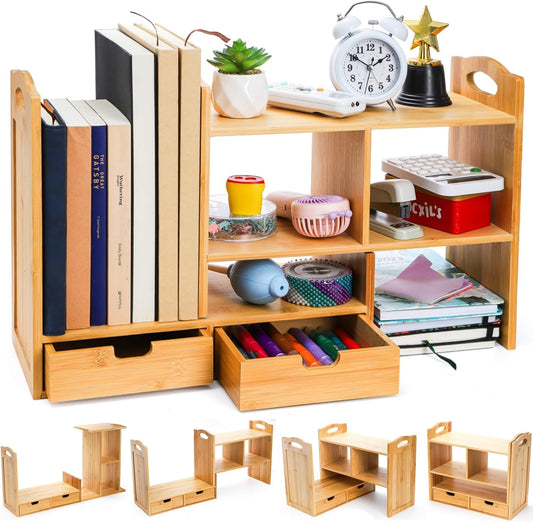 Bamboo Desktop Bookshelf, Expandable Counter Bookcase, Storage Shelves Rack Organizer with Anti-Slip Pads, Cute Small Desk Display Cubby Top for Office Supplies, No Assembly Needed