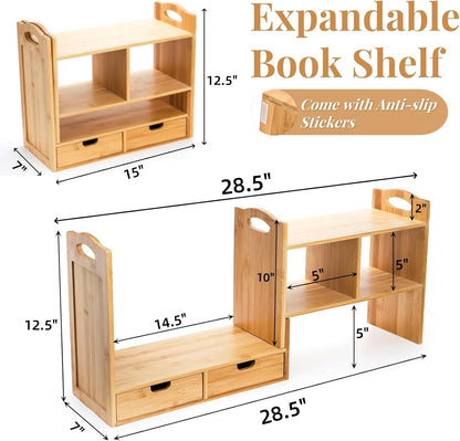 Bamboo Desktop Bookshelf, Expandable Counter Bookcase, Storage Shelves Rack Organizer with Anti-Slip Pads, Cute Small Desk Display Cubby Top for Office Supplies, No Assembly Needed