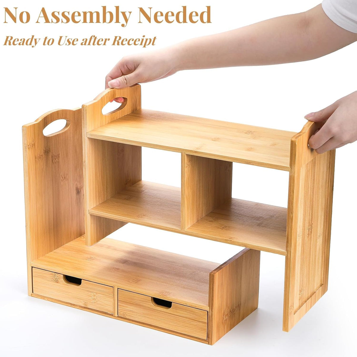 Bamboo Desktop Bookshelf, Expandable Counter Bookcase, Storage Shelves Rack Organizer with Anti-Slip Pads, Cute Small Desk Display Cubby Top for Office Supplies, No Assembly Needed