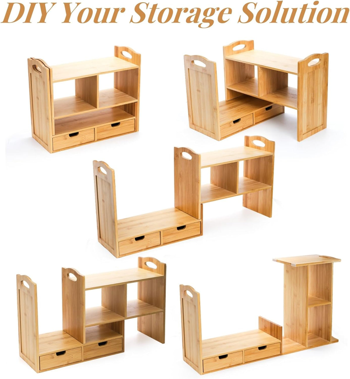 Bamboo Desktop Bookshelf, Expandable Counter Bookcase, Storage Shelves Rack Organizer with Anti-Slip Pads, Cute Small Desk Display Cubby Top for Office Supplies, No Assembly Needed