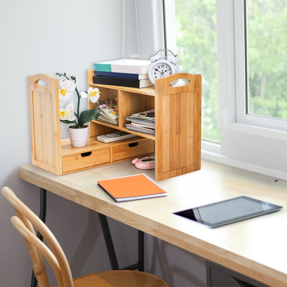 Bamboo Desktop Bookshelf, Expandable Counter Bookcase, Storage Shelves Rack Organizer with Anti-Slip Pads, Cute Small Desk Display Cubby Top for Office Supplies, No Assembly Needed