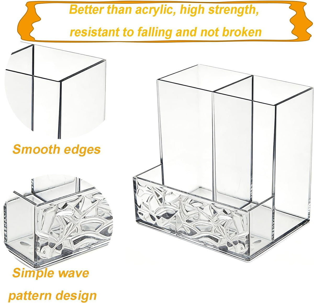 Clear PET Pen Holder, 3 Compartment Desk Organizer, Shatter-Resistant, Stronger Than Acrylic, for Office Home School Bathroom Makeup