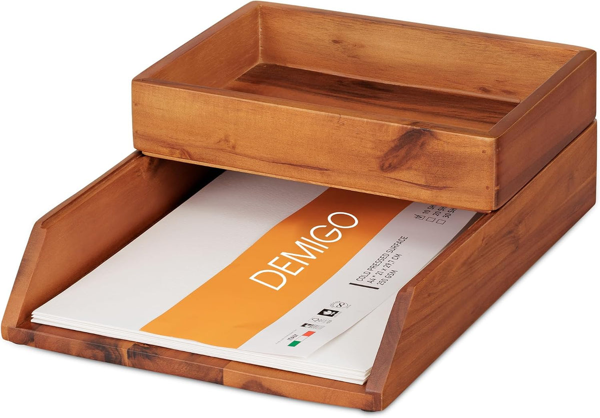 Desk Organizer Letter Tray Set of 2, Natural Acacia Wood Paper Tray