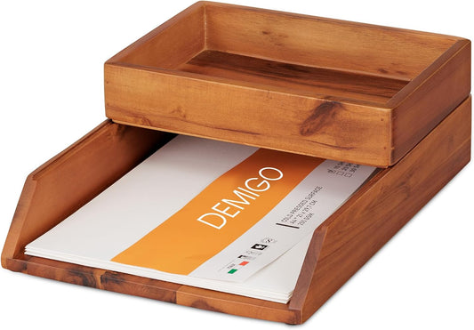 Desk Organizer Letter Tray Set of 2, Natural Acacia Wood Paper Tray