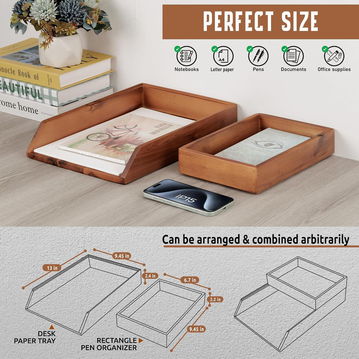 Desk Organizer Letter Tray Set of 2, Natural Acacia Wood Paper Tray