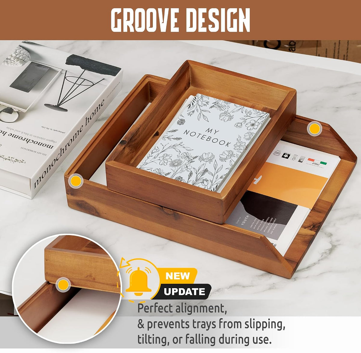 Desk Organizer Letter Tray Set of 2, Natural Acacia Wood Paper Tray