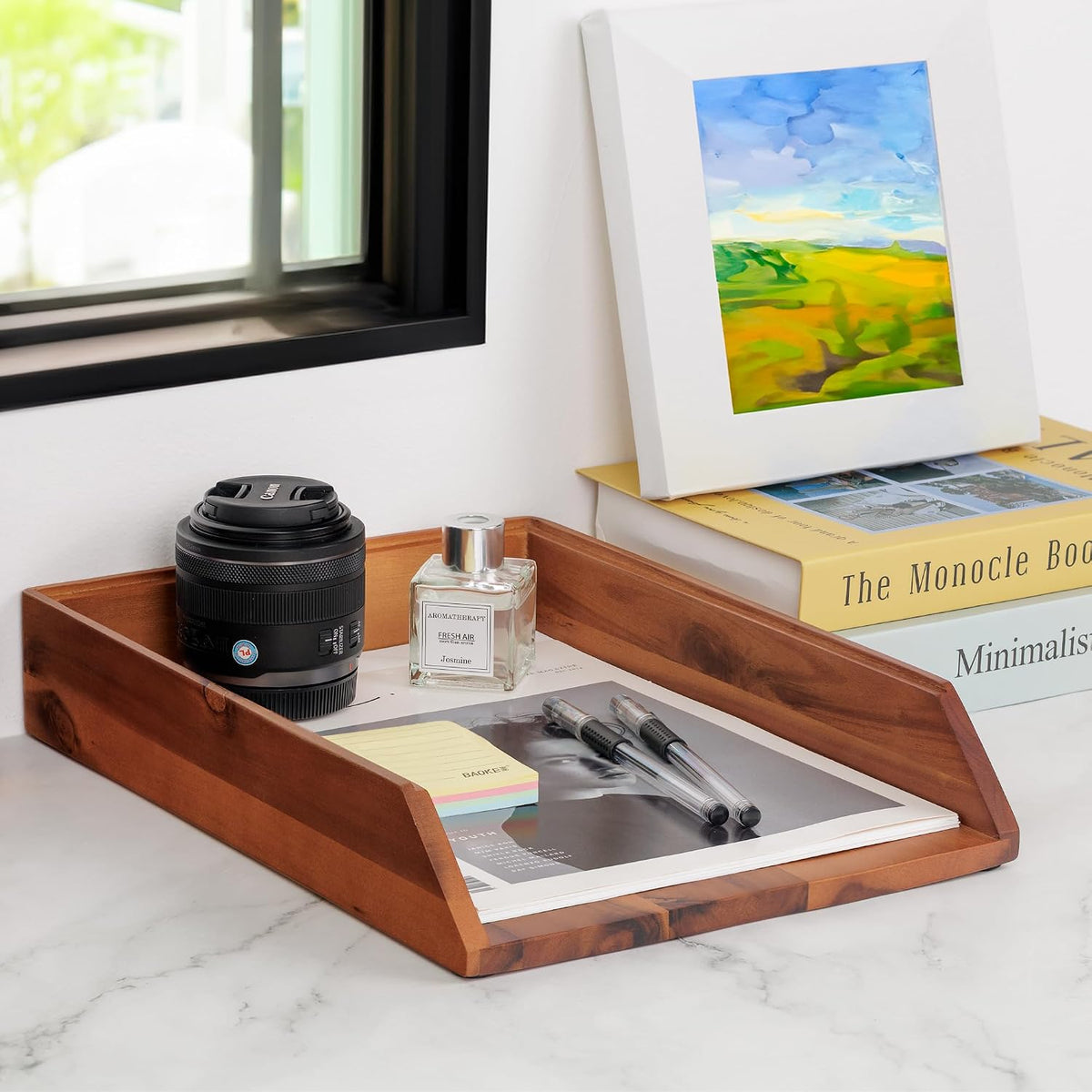 Desk Organizer Letter Tray Set of 2, Natural Acacia Wood Paper Tray