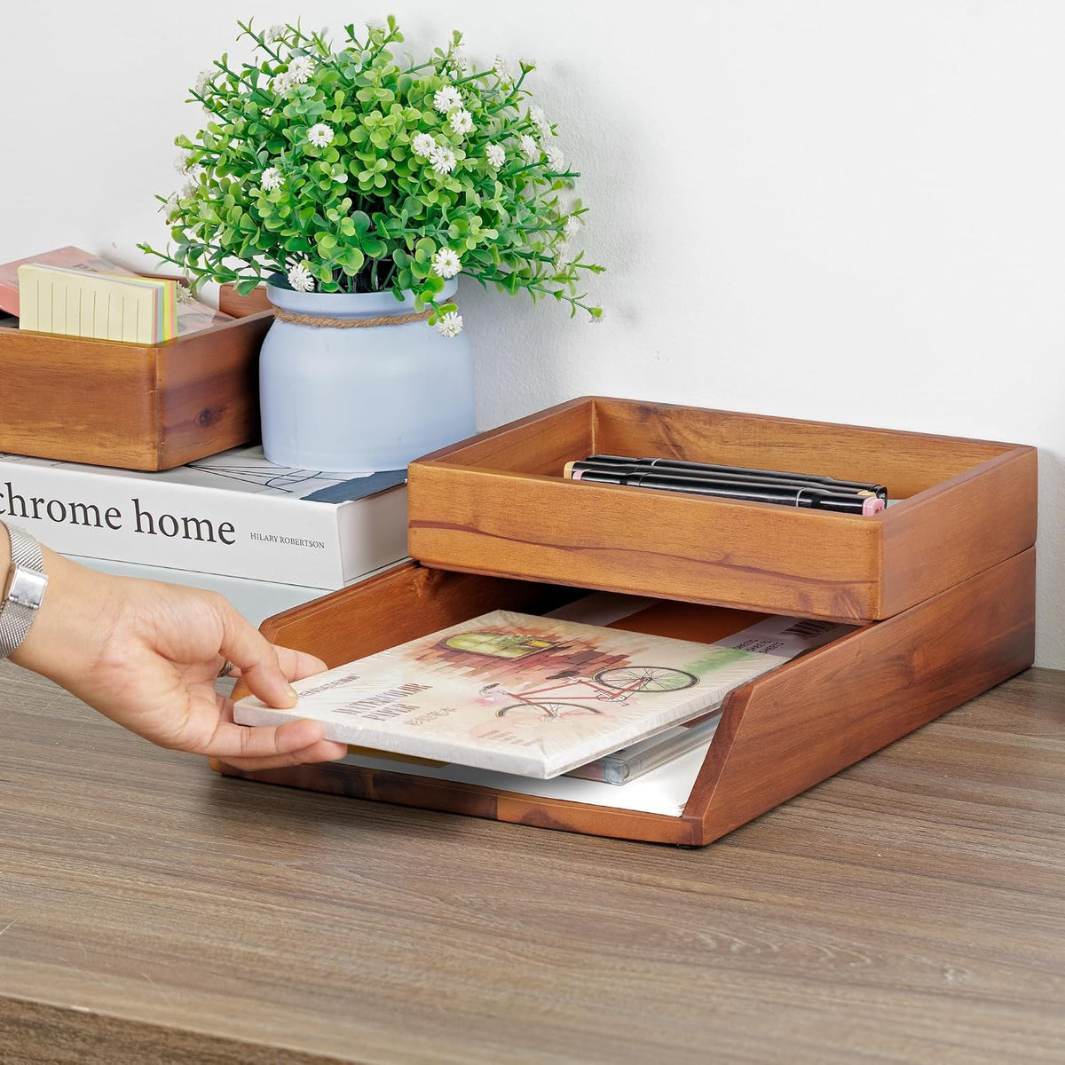 Desk Organizer Letter Tray Set of 2, Natural Acacia Wood Paper Tray