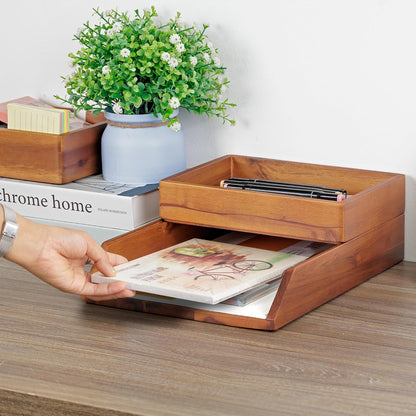 Desk Organizer Letter Tray Set of 2, Natural Acacia Wood Paper Tray