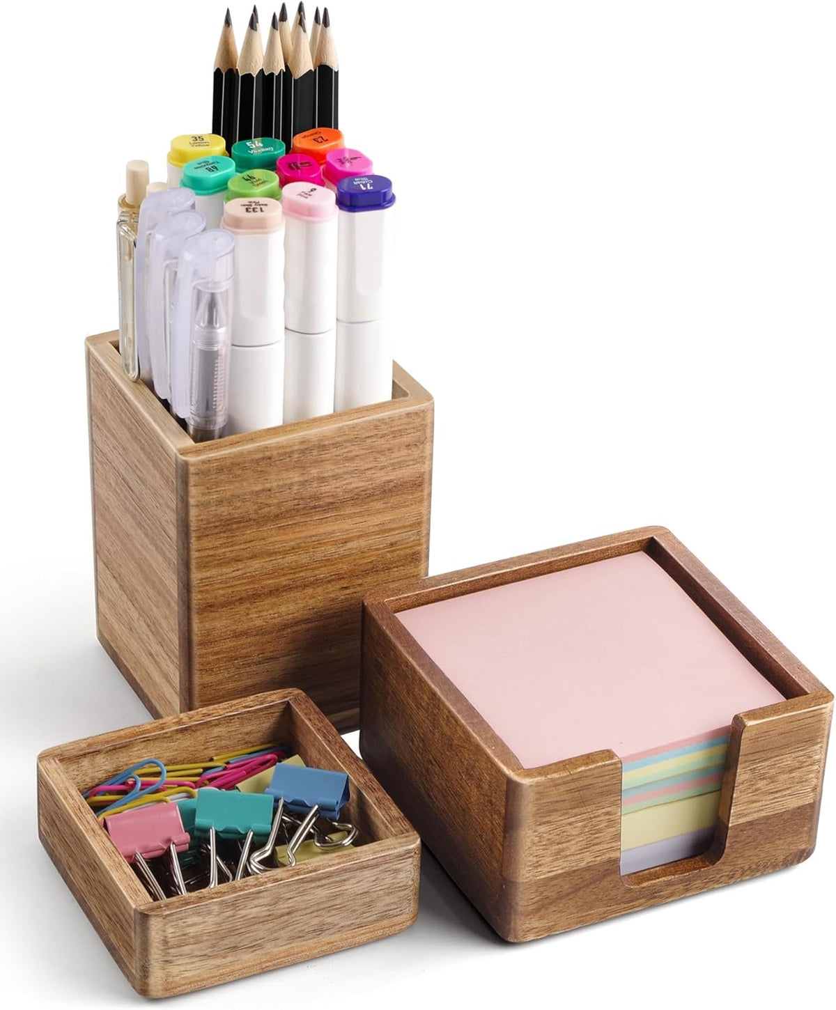 Acacia Wood Sticky Note Holder, Post It Note Dispenser for Office Desk, 3x3 Sticky Notes Organizer, Wooden Memo Pad Holder for Desk Home Accessories, No Pads Included (Sticky Note Holder)