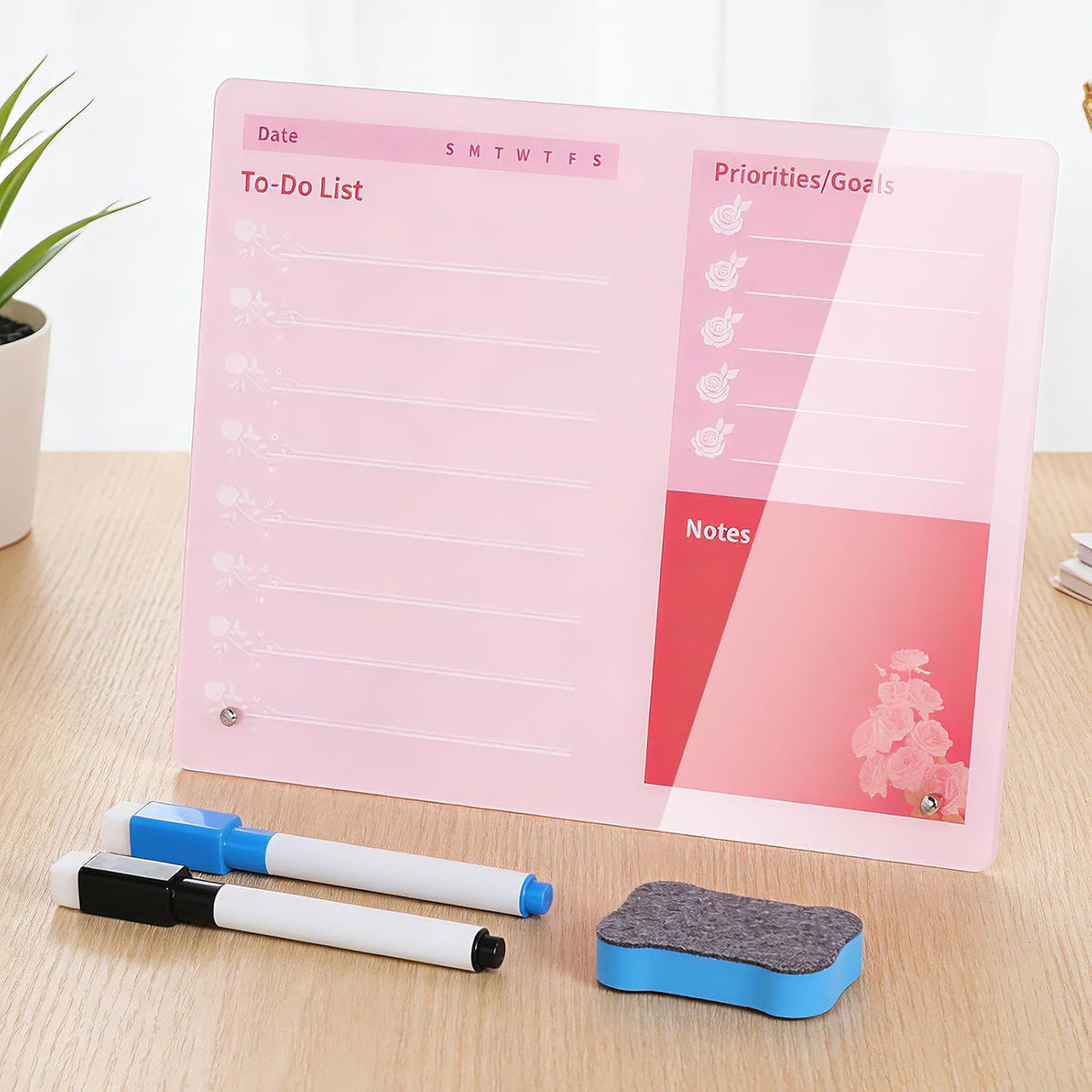 Desktop Acrylic Dry Erase Board, 12x10 inches to-Do List Planner, Tabletop Whiteboard with Stand Office Supplies Includes 2 Markers & 1 Eraser, Pink Rose Pattern