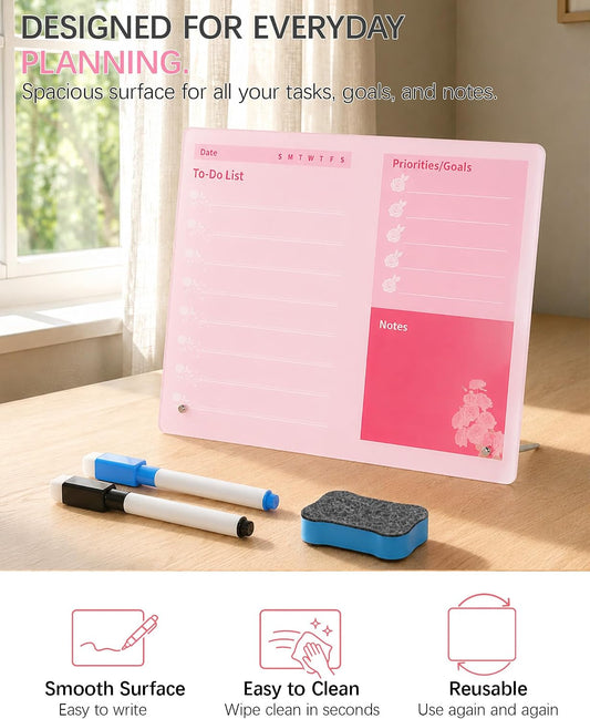 Desktop Acrylic Dry Erase Board, 12x10 inches to-Do List Planner, Tabletop Whiteboard with Stand Office Supplies Includes 2 Markers & 1 Eraser, Pink Rose Pattern