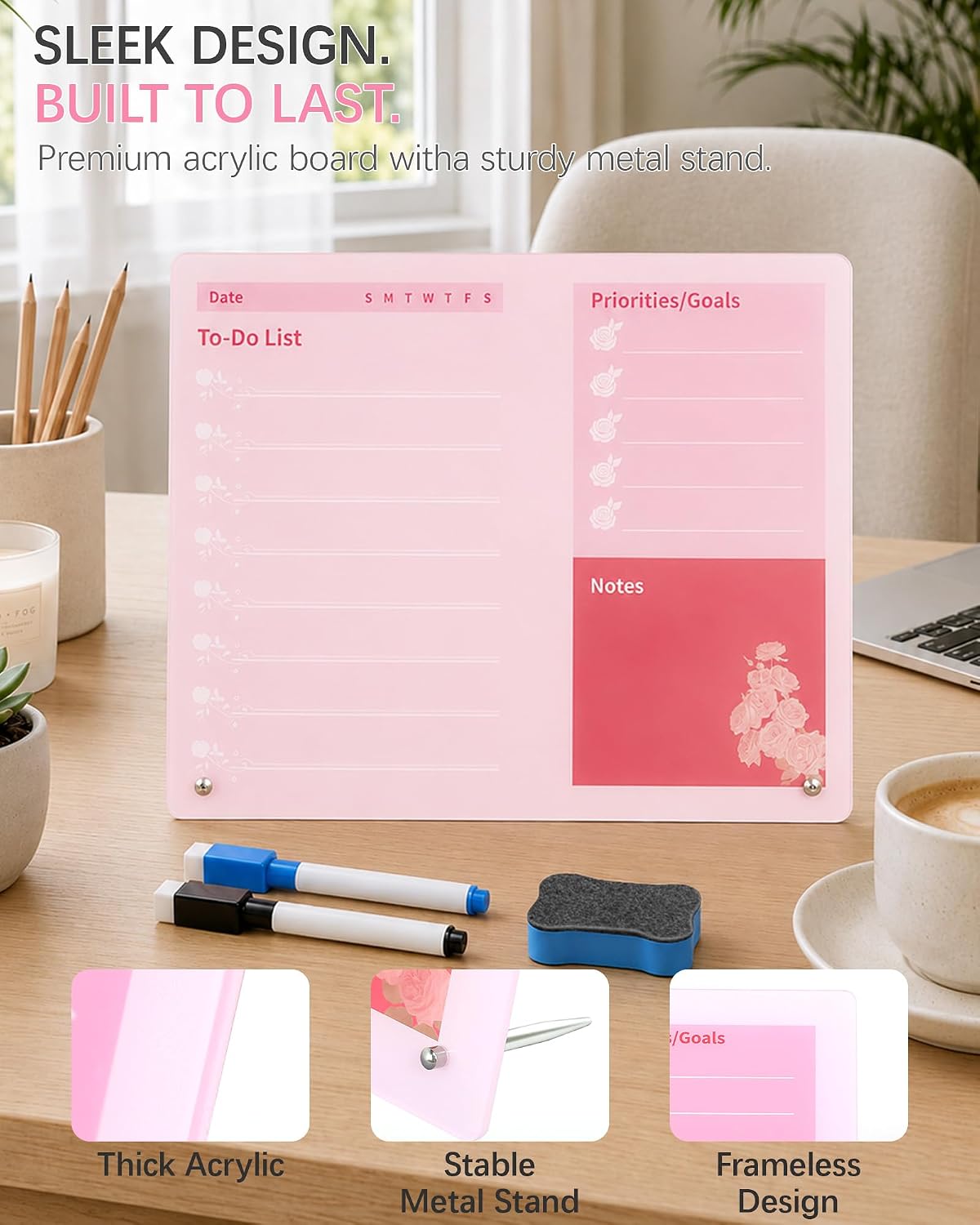 Desktop Acrylic Dry Erase Board, 12x10 inches to-Do List Planner, Tabletop Whiteboard with Stand Office Supplies Includes 2 Markers & 1 Eraser, Pink Rose Pattern
