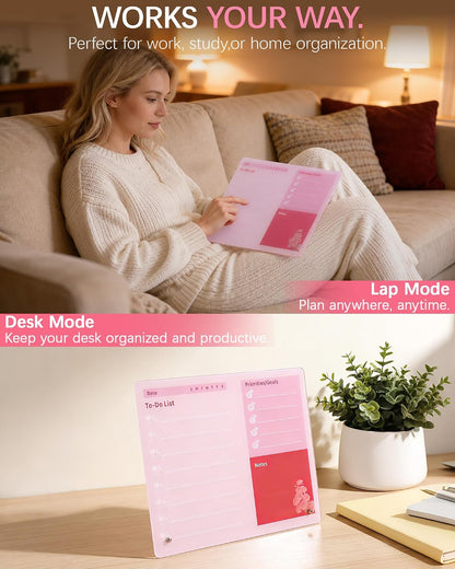 Desktop Acrylic Dry Erase Board, 12x10 inches to-Do List Planner, Tabletop Whiteboard with Stand Office Supplies Includes 2 Markers & 1 Eraser, Pink Rose Pattern
