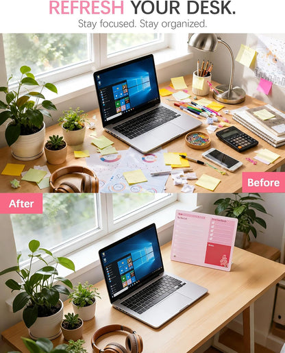 Desktop Acrylic Dry Erase Board, 12x10 inches to-Do List Planner, Tabletop Whiteboard with Stand Office Supplies Includes 2 Markers & 1 Eraser, Pink Rose Pattern