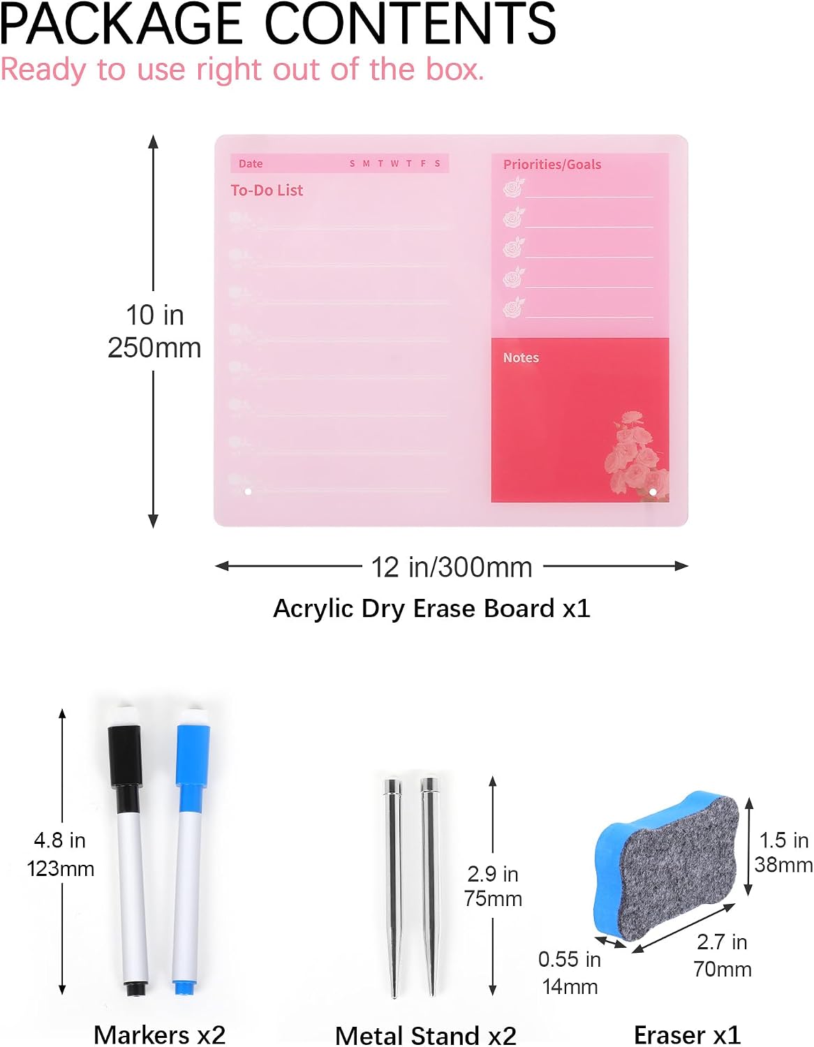 Desktop Acrylic Dry Erase Board, 12x10 inches to-Do List Planner, Tabletop Whiteboard with Stand Office Supplies Includes 2 Markers & 1 Eraser, Pink Rose Pattern