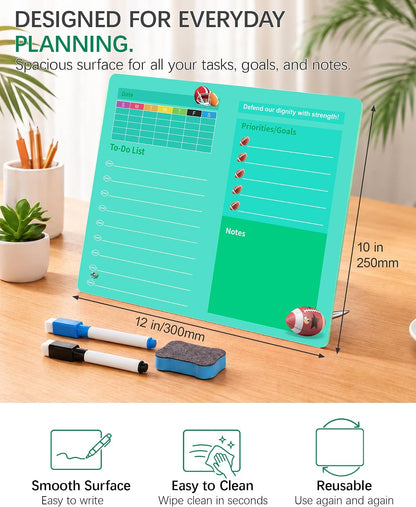 Desktop Acrylic Dry Erase Board, 12x10 inches to-Do List Planner, Tabletop Whiteboard with Stand Office Supplies Includes 2 Markers & 1 Eraser, Pink Rose Pattern