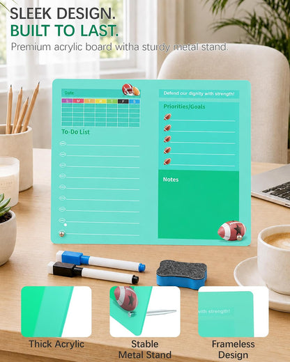 Desktop Acrylic Dry Erase Board, 12x10 inches to-Do List Planner, Tabletop Whiteboard with Stand Office Supplies Includes 2 Markers & 1 Eraser, Pink Rose Pattern