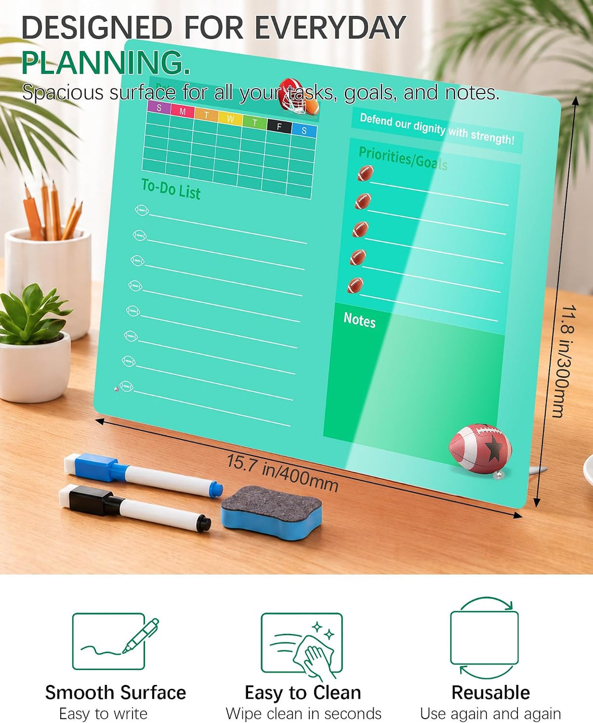 Desktop Acrylic Dry Erase Board, 12x10 inches to-Do List Planner, Tabletop Whiteboard with Stand Office Supplies Includes 2 Markers & 1 Eraser, Pink Rose Pattern
