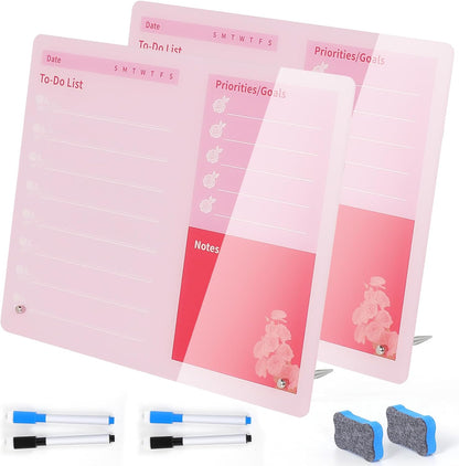 Desktop Acrylic Dry Erase Board, 12x10 inches to-Do List Planner, Tabletop Whiteboard with Stand Office Supplies Includes 2 Markers & 1 Eraser, Pink Rose Pattern