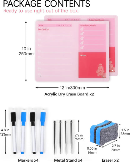 Desktop Acrylic Dry Erase Board, 12x10 inches to-Do List Planner, Tabletop Whiteboard with Stand Office Supplies Includes 2 Markers & 1 Eraser, Pink Rose Pattern